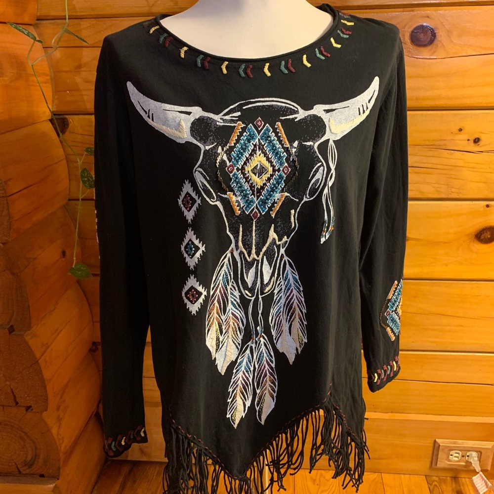 Double D Ranch Cow Skull Fringed Long Sleeve T-shirt Size Small